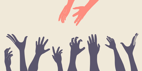 Human hands reaching out to one another, almost touching. Help concept