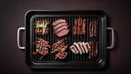  A tantalizing spread of sizzling meats on a Korean BBQ grill captures the essence of flavor and tradition