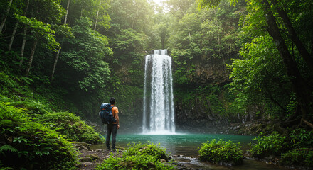Fototapeta premium A man standing in the middle of a lush green forest, gazing at a cascading waterfall. The man, who appears to be in his mid-twenties, is dressed in casual hiking attire, with a backpack slung over his