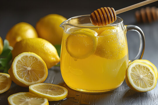 Classic lemonade with honey in glass pitcher surrounded by fresh lemons