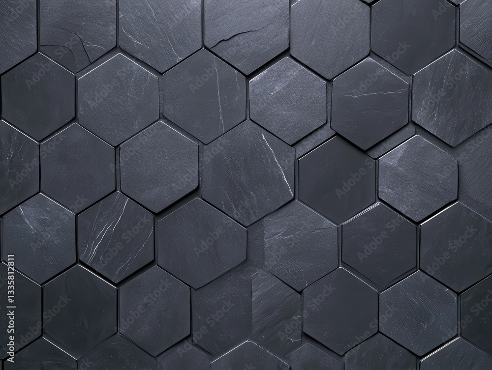 Poster close-up view of a modern hexagonal slate tile pattern showcasing texture and color