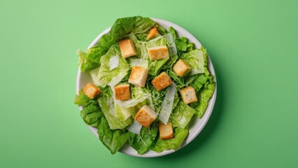  A vibrant and fresh Caesar salad adorned with rich Parmesan and crunchy croutons