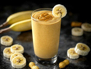 Creamy peanut butter banana smoothie with fresh banana slices and peanuts