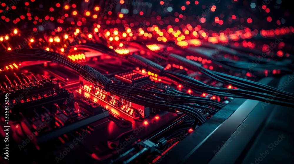 Poster red led circuit board technology cables ai future tech innovation data center serve