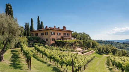 Picturesque Tuscan Countryside Villa and Vineyards Under a Clear Blue Sky