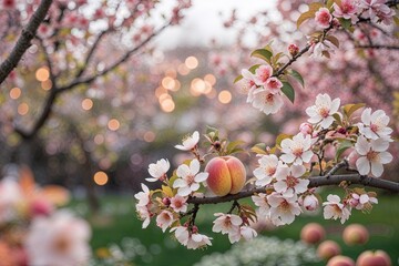 Peach and Apple Blossom Flowers Bloom in Beautiful Spring Garden with Floral Bokeh Effects