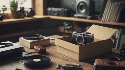Realistic retro style packaging box opened and placed on a wooden desk surrounded by nostalgic elements like film cameras and vinyl records