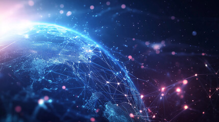 Glowing Earth with abstract network connections, symbolizing global connectivity and unity in a vast universe.