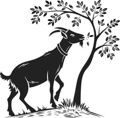 Wild animal silhouette vector illustration featuring goat in a forest setting with trees, a cute and simple design