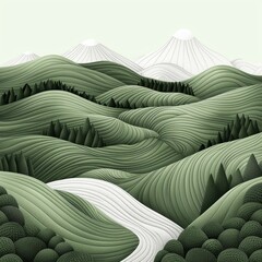 A serene and stylized representation of rolling green hills with a winding path, set against distant mountains under a gentle sky, perfect for evoking tranquility and nature's beau