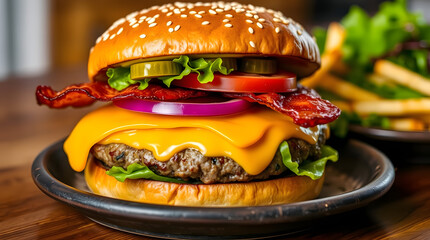 A delicious looking burger with a juicy patty, crispy bacon strips, melted cheddar cheese, fresh lettuce, and ripe tomato
