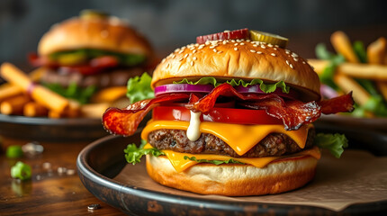 A delicious looking burger with a juicy patty, crispy bacon strips, melted cheddar cheese, fresh lettuce, and ripe tomato