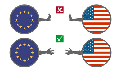 USA and European Union with hands in stop and ready to deal gesture. Image relative to politic situation between USA and Europe. Trade war