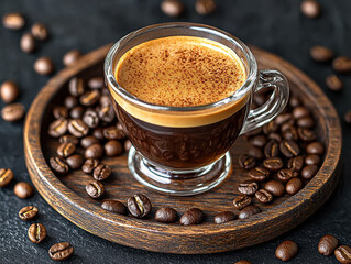 Rich espresso shot in glass cup surrounded by coffee beans on wooden tray