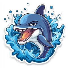 A dynamic illustration of a fierce shark bursting through ocean waves.