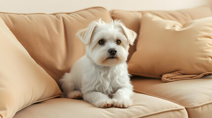 A cute Maltese dog sits comfortably on a couch 