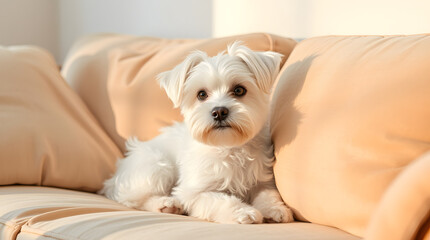 A cute Maltese dog sits comfortably on a couch 