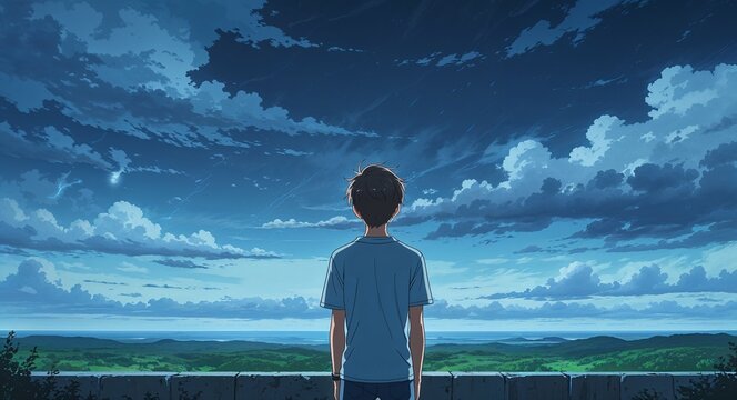 Lonely teenager staring at stormy sky horizon background anime cartoon illustration