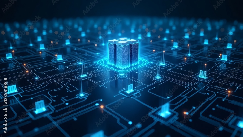 Poster a modern digital circuit board with interconnected processors and data nodes, representing the technological advancement