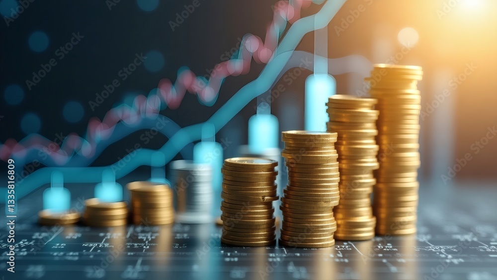 Poster stacks of coins with a graph. the image symbolizes financial growth and investment