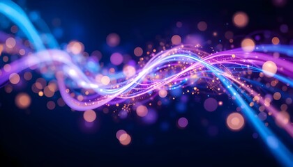 This abstract image features swirling, vibrant neon lines of blue and purple, set against a dark backdrop.