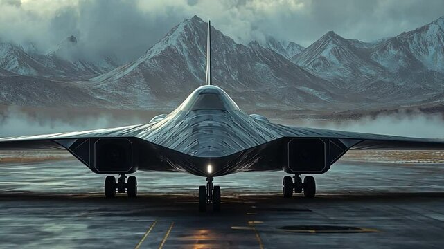 Stealth Bomber and Mountain Landscape: A cutting-edge stealth bomber, with its sleek, dark design, stands poised on a runway against a backdrop of majestic, snow-capped mountains and overcast sky.
