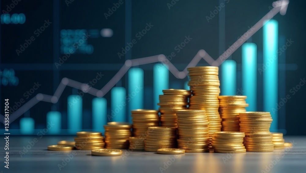 Poster stacks of golden coins with a graph indicating financial growth and success
