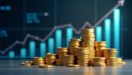 stacks of golden coins with a graph indicating financial growth and success