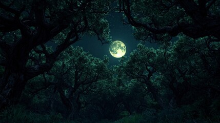 Fototapeta premium Enchanting Moonlit Forest Night Nature Scene Dark Trees Full Moon