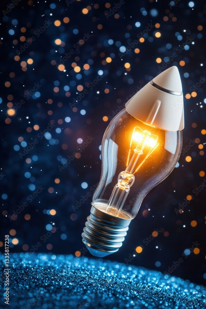 Poster a glowing light bulb floating in space with a rocket orbiting it, symbolizing cosmic creativity