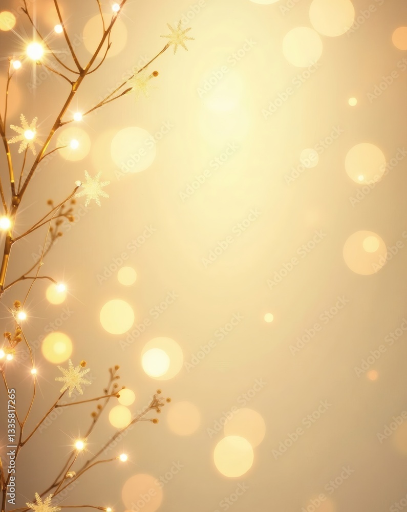 Poster decorative tree branches adorned with twinkling lights and glowing bokeh, set against a warm golden backdrop