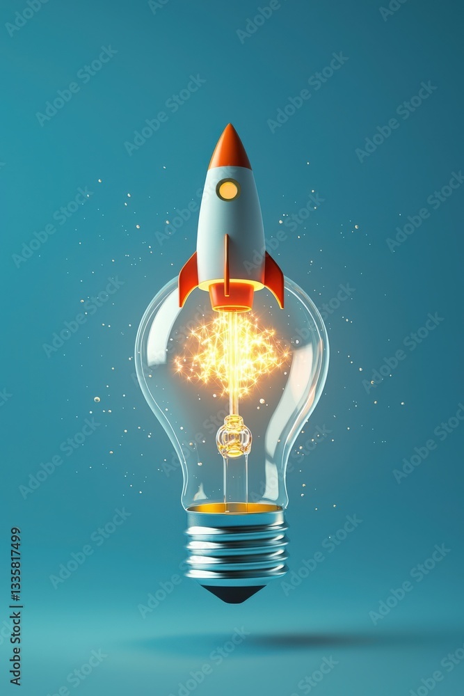 Poster a glowing light bulb floating in space with a rocket orbiting it, symbolizing cosmic creativity