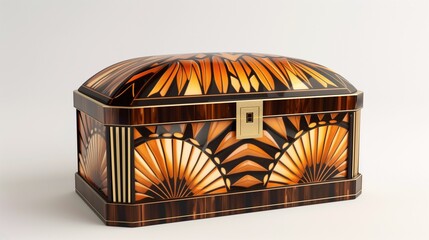 A realistic Art Deco jewelry box with detailed patterns and elegant design, captured in high-definition against a clean white background, showcasing its fine craftsmanship.