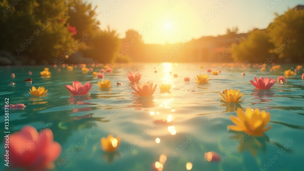 Poster floating flowers in the water with a sunset in the background creating a serene atmosphere