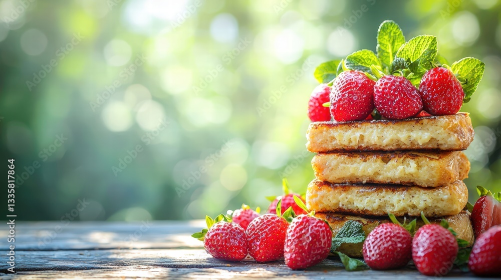 Poster fluffy stack of pancakes topped with fresh strawberries and drizzled with maple syrup on plate