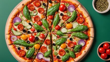  A vibrant thin crust veggie pizza bursting with colorful toppings