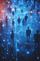 Digital network of silhouettes representing people connected through technology in a futuristic space