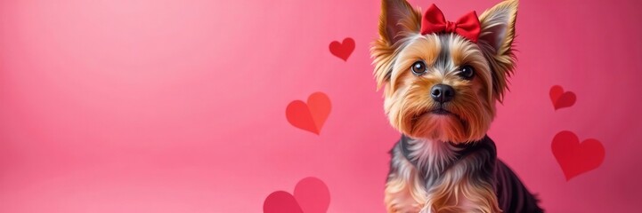 Fototapeta premium Cute Yorkshire Terrier dog wearing a red bow against a pink background with hearts.