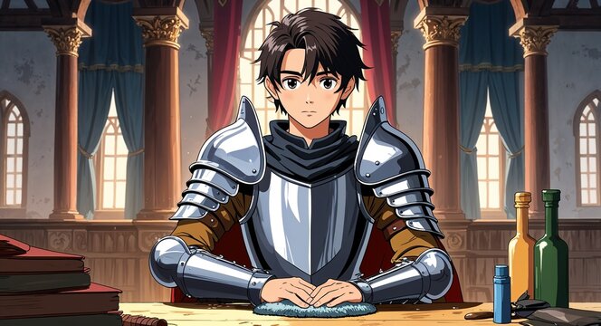 Young squire polishing armor in grand hall background anime cartoon illustration