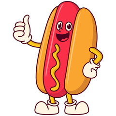 Hotdog Mascot Character with Retro Cartoon Design Concept. Vector Illustration