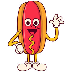 Hotdog Mascot Character with Retro Cartoon Design Concept. Vector Illustration