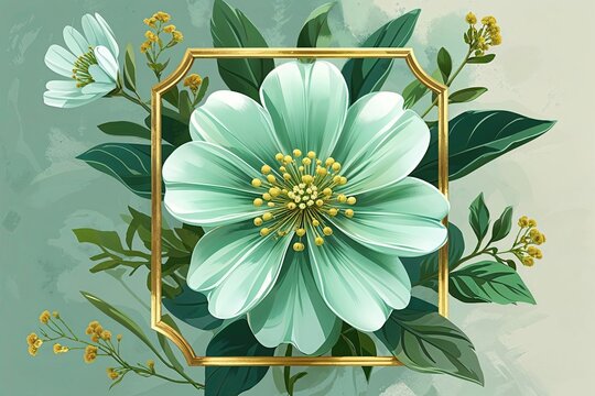 Elegant Mint Floral Illustration with Golden Frame for Card Design and Natural Decor