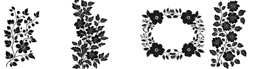 Fototapeta premium A set of stylized black and white floral silhouette patterns featuring leaves branches and decorative botanical elements