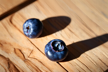 Fresh Ripe Blueberries with Water Droplets on Rustic Wooden Background