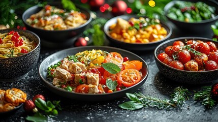 A colorful display of various food items arranged artistically on a rustic wooden table surface