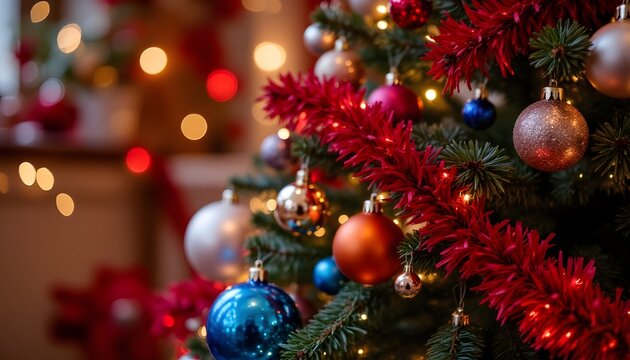 The vibrant colors of red, white, orange, blue, and green intertwine on the Christmas tree, casting a warm and inviting glow throughout the room.