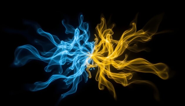 A striking contrast is created in the image of blue and yellow freezelight dancing together against a pitch black background, forming a mesmerizing and dynamic display of colors and shapes.