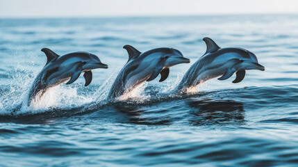 Fototapeta premium Three dolphins leap playfully from ocean waves.
