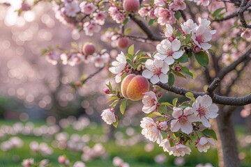 Peach and Apple Blossom Flowers Blooming in a Beautiful Spring Garden with Floral Bokeh Effect