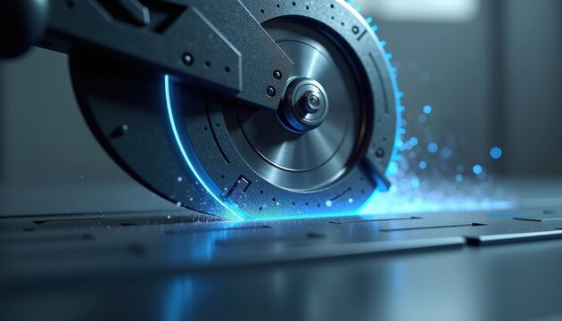 Circular saw cutting wood with sparks against a workshop background  